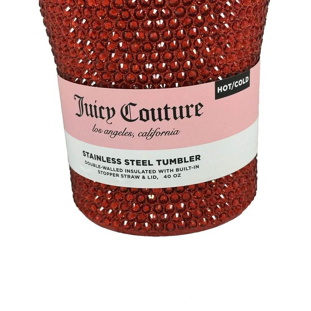 Juicy Couture Red Rhinestone Tumbler 40 oz Cherry Straw Handle Cup